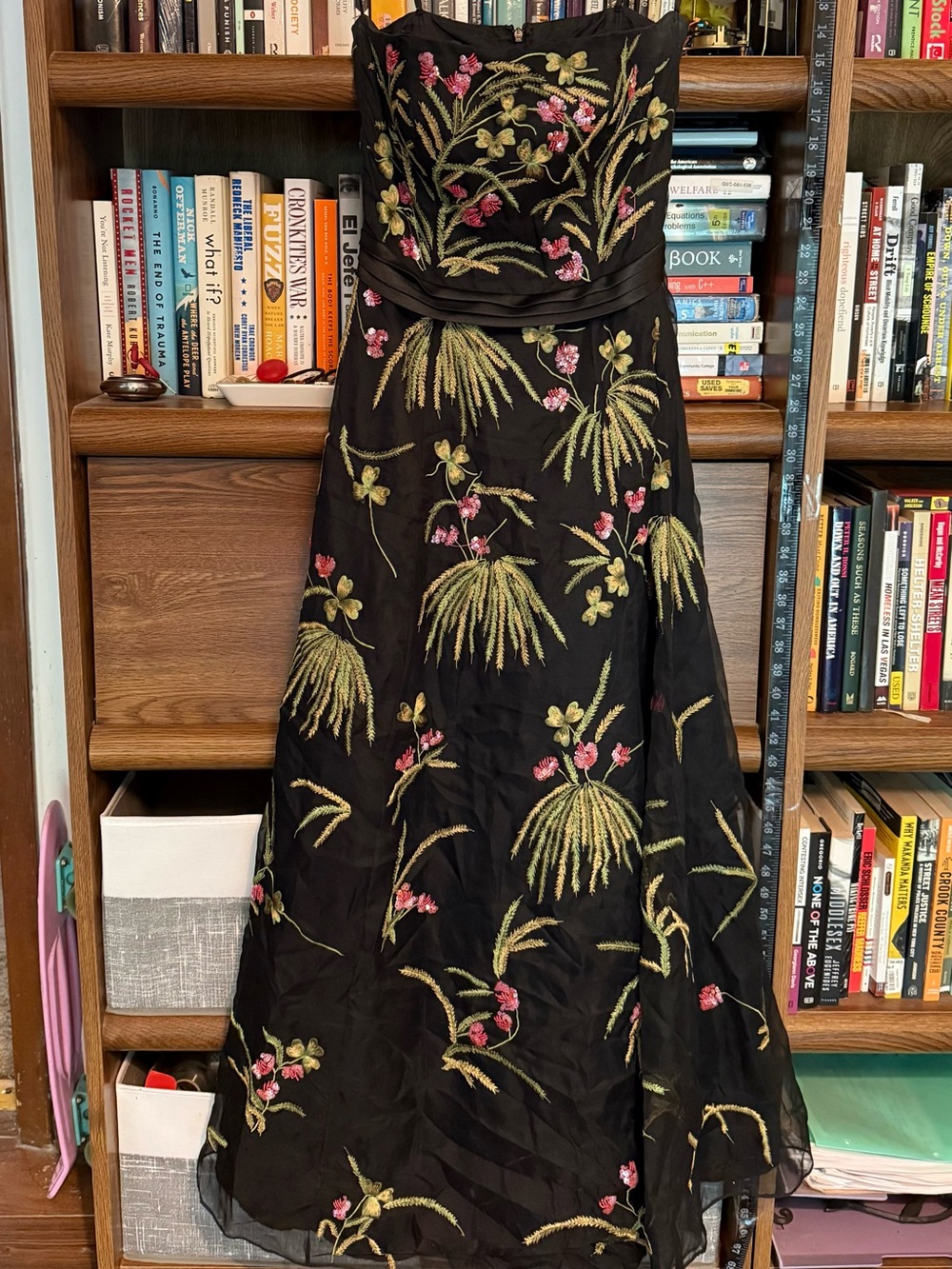 Sue Wong Black Strapless Embroidered Floral Gown